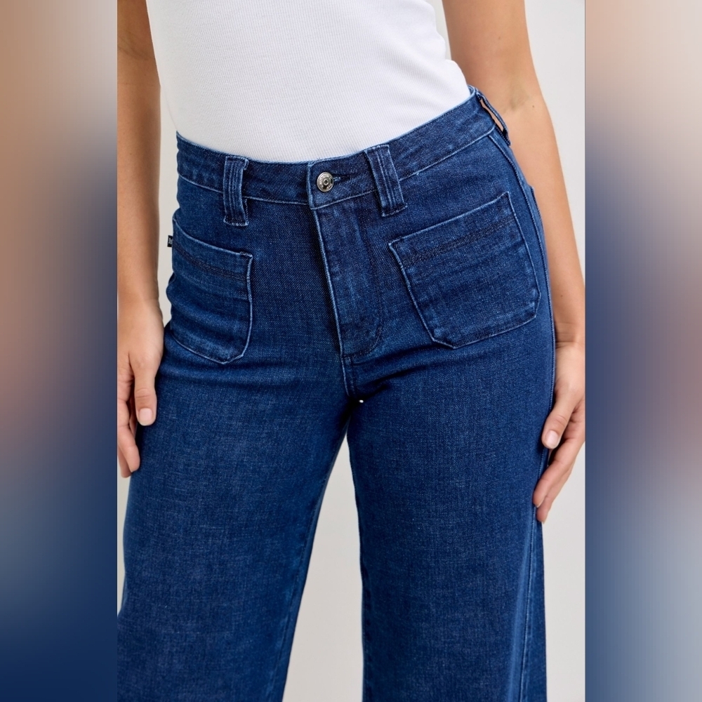 Judy Blue HR Dark Wash Retro Wide Leg Jeans Patch Pocket Wrap Seam Various NEW - Picture 3 of 10